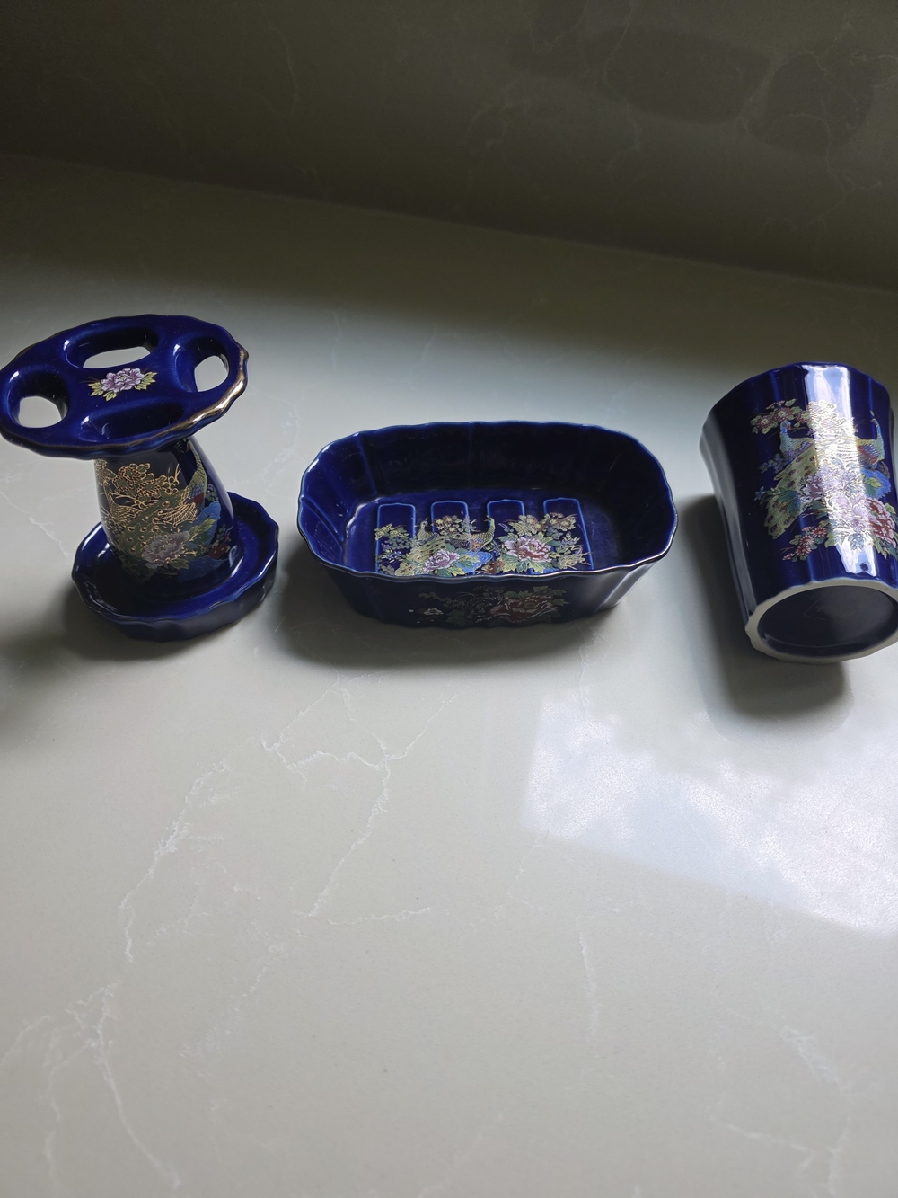 VIntage JAPANESE THREE PEICE Cobalt Blue PEACOCK & Floral Porcelain BATHROOM Set